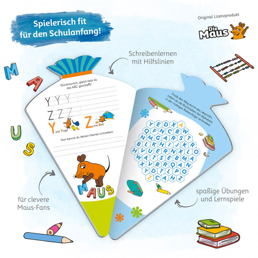 Schulstartbuch Die Maus: Übungsbuch mit Schleife in Form einer Schultüte